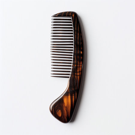 Wooden comb isolated on white background. Flat lay, top view.の素材