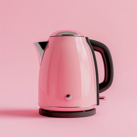 Pink electric kettle isolated on pink background. 3d render illustration.の素材