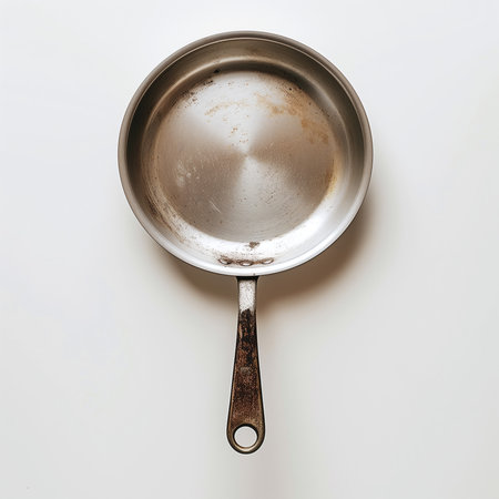 top view of empty frying pan on white background, kitchen utensilsの素材