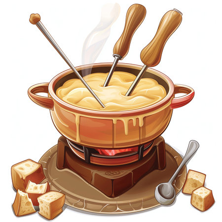 Illustration of a pot of cheese fondue with wooden spoonsの素材