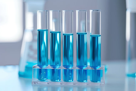 Test-tubes with blue liquid on table in laboratory, closeupの素材