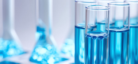 Laboratory glassware with blue liquid in test tubes, closeupの素材