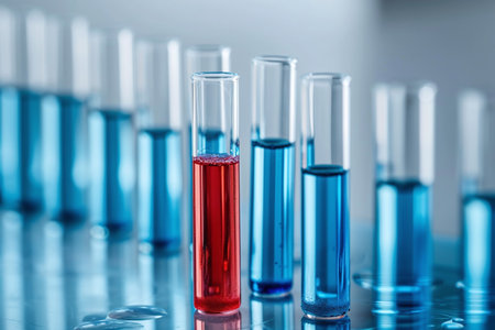 Laboratory glassware with red liquid on blue background, research and development conceptの素材