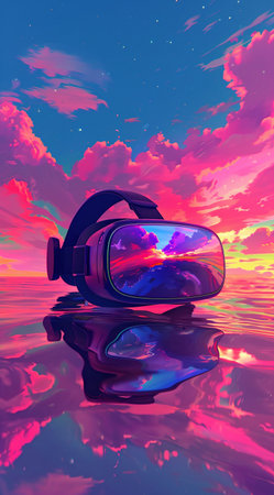 3d illustration of a virtual reality headset floating in the sea at sunsetの素材