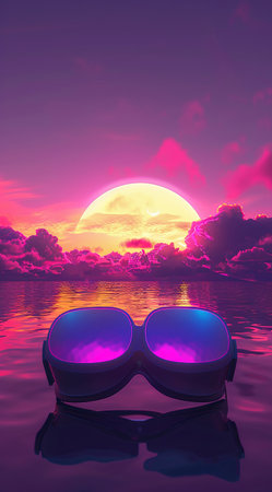 Sunglasses reflected in the water at sunset. 3d renderの素材