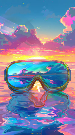 snorkeling goggles on the sea at sunset, vector illustrationの素材