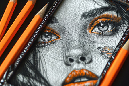 Close-up of pencils and a picture of a girl.の素材