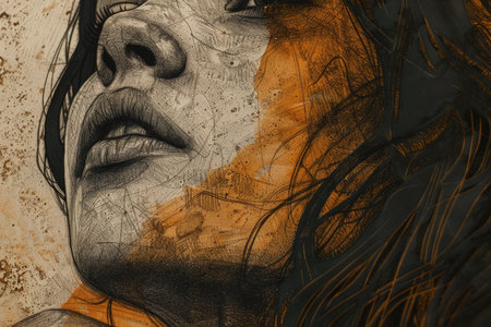 Woman face painted with black and orange paint. Close-up.の素材