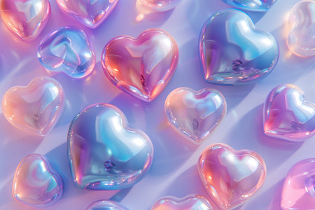 Heart-shaped glass beads on a white background. 3D renderingの素材