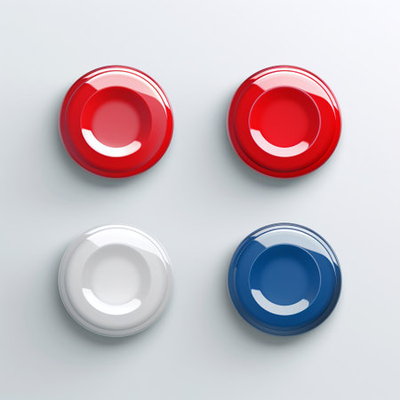 3d render of a set of red, blue and white round buttonsの素材
