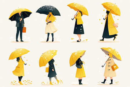 People with umbrellas. Set of vector illustrations in flat style.の素材