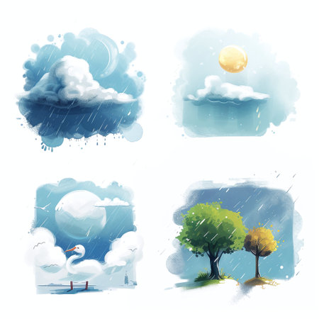 Vector illustration of a set of clouds, trees and birds on a white background.の素材