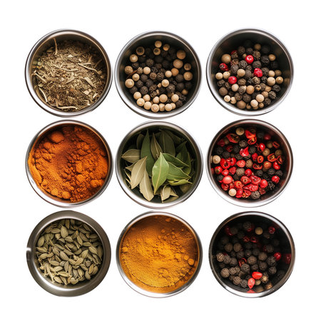 Spices in metal bowls isolated on white background. Top view.の素材