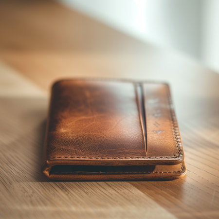 Brown leather wallet on wooden table, shallow depth of field, vintage effectの素材