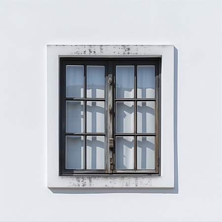 Old wooden window on a white wall in the city of Lisbon, Portugalの素材