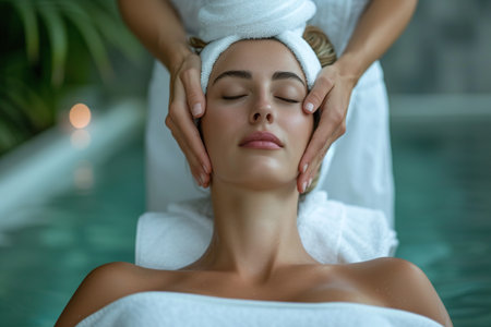 Beautiful woman getting spa treatment in spa salon. Portrait of beautiful young woman getting spa treatment.の素材