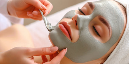 Beautiful young woman having facial mask in spa salon, closeupの素材