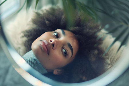 Young african american woman looking at camera through the mirror.の素材