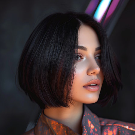 Fashion shot of a beautiful brunette woman with bright makeup.の素材