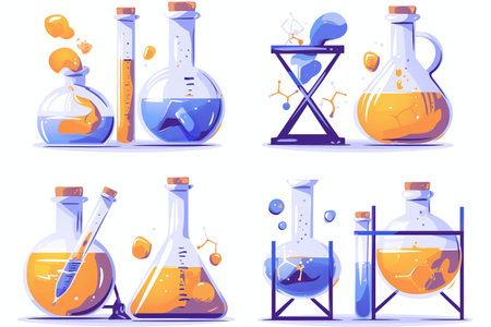 Chemistry and science laboratory glassware. Vector illustration in cartoon styleの素材