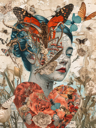 Portrait of beautiful woman with butterflies on the background of old paperの素材