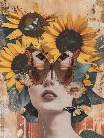 Beautiful woman with sunflowers and butterflies on grunge backgroundの素材
