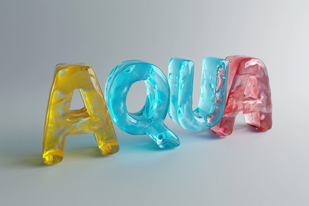 3d rendering of the word AQUA in multicolored lettersの素材