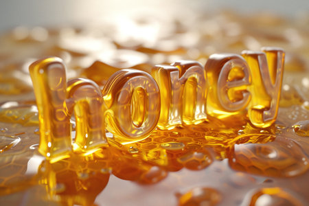 Inscription on honey background. Honeycombs. Shallow DOFの素材