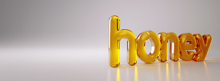 3D Illustration of the word honey in gold color on a gray backgroundの素材