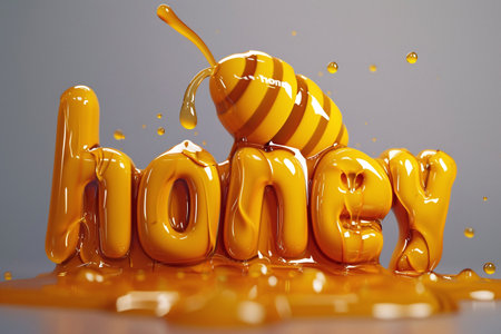 Honey dripping from a honey dipper into the word honey. 3d renderingの素材