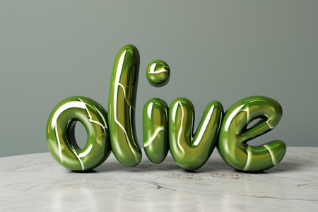 3d render of the word love in green glossy letters on a white marble surfaceの素材
