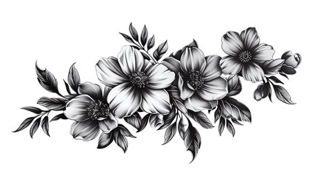 Beautiful monochrome black and white floral bouquet with dahlias and leaves, hand drawn vector illustrationの素材