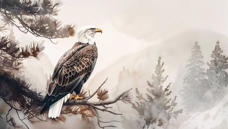 Bald Eagle on a Branch in the Forest. Digital Painting.の素材