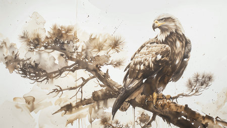 Bald Eagle on a branch of a tree. Vintage painting, background illustrationの素材