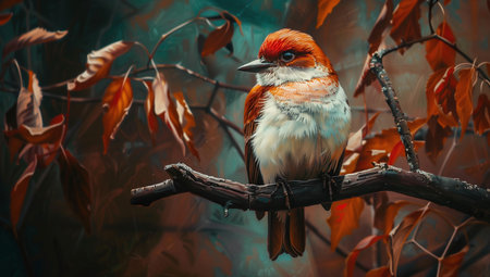 Red bird sitting on a branch in the forest, nature background.の素材