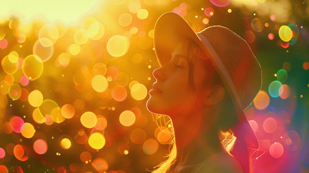 Beautiful girl in hat on a background of bokeh.の素材