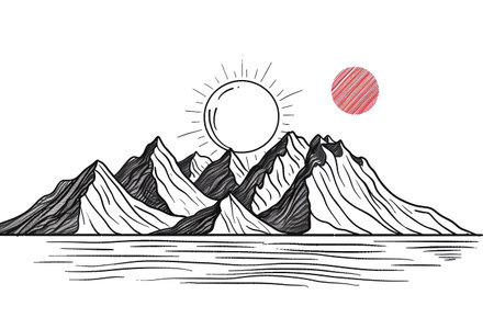 Mountains and sun. Hand drawn vector illustration in sketch style.の素材