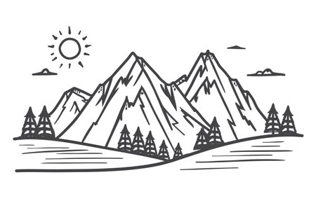 Mountain landscape. Hand drawn vector illustration in doodle style.の素材