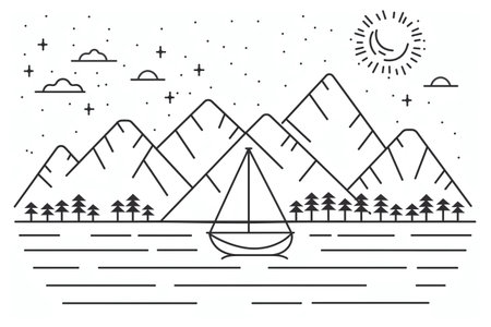 Line art vector illustration of a sailboat in the middle of the mountains.の素材