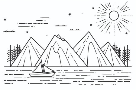 Line art illustration of mountains and yachts. Vector design elements.の素材