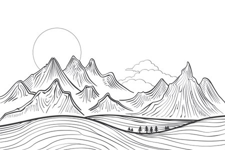 Mountain landscape. Vector line art illustration of a mountain range.の素材