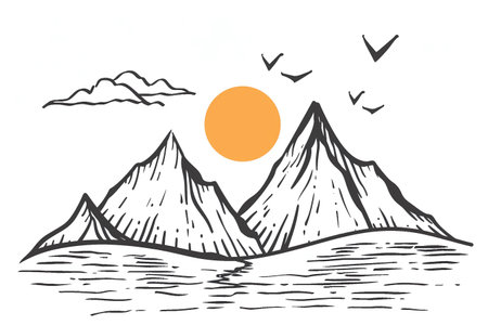 Mountains on the background of the sun and birds. Vector illustrationの素材