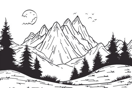 Mountain landscape. Hand drawn vector illustration in black and white.の素材