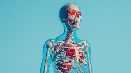 Human skeleton with highlighted blood vessels on blue background. 3d illustrationの素材
