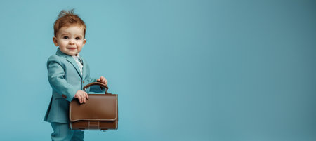 Little red-haired boy in a suit with a briefcase on a blue backgroundの素材