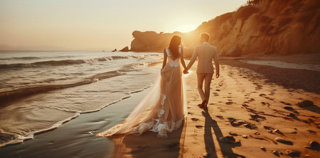 Wedding couple walking on the beach at sunset. Bride and groom holding handsの素材