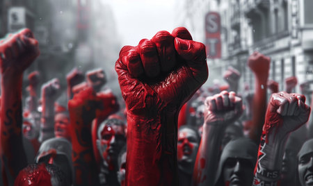 Raised fist of a man with blood on his face. 3d renderingの素材