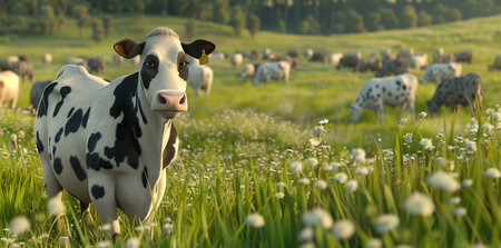 Cows graze in a meadow with dandelions.の素材