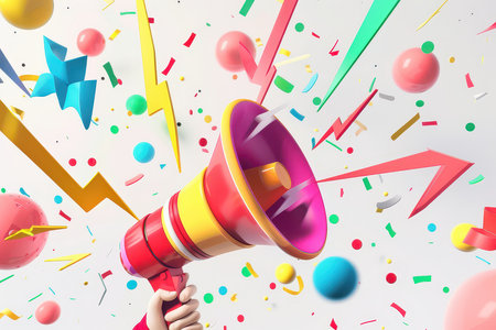 Megaphone with colorful confetti and ribbons on white backgroundの素材