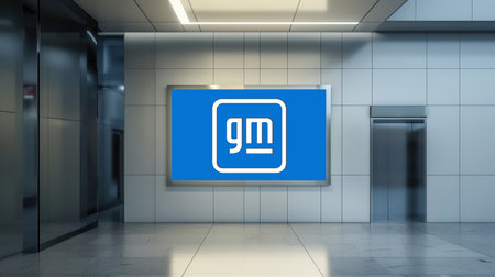 illuminated sign with the logo of general motors an automotive company inside the lobby of a modern buildingのeditorial素材